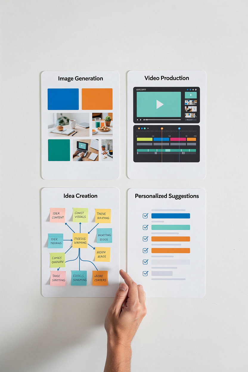 MR AI core services overview - image generation, video production, idea creation, and personalized AI suggestions